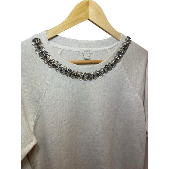 J. Crew Rhinestone Jewel Neckline Holiday Heathered Cream Sweatshirt 100% Cotton - Picture 3 of 12